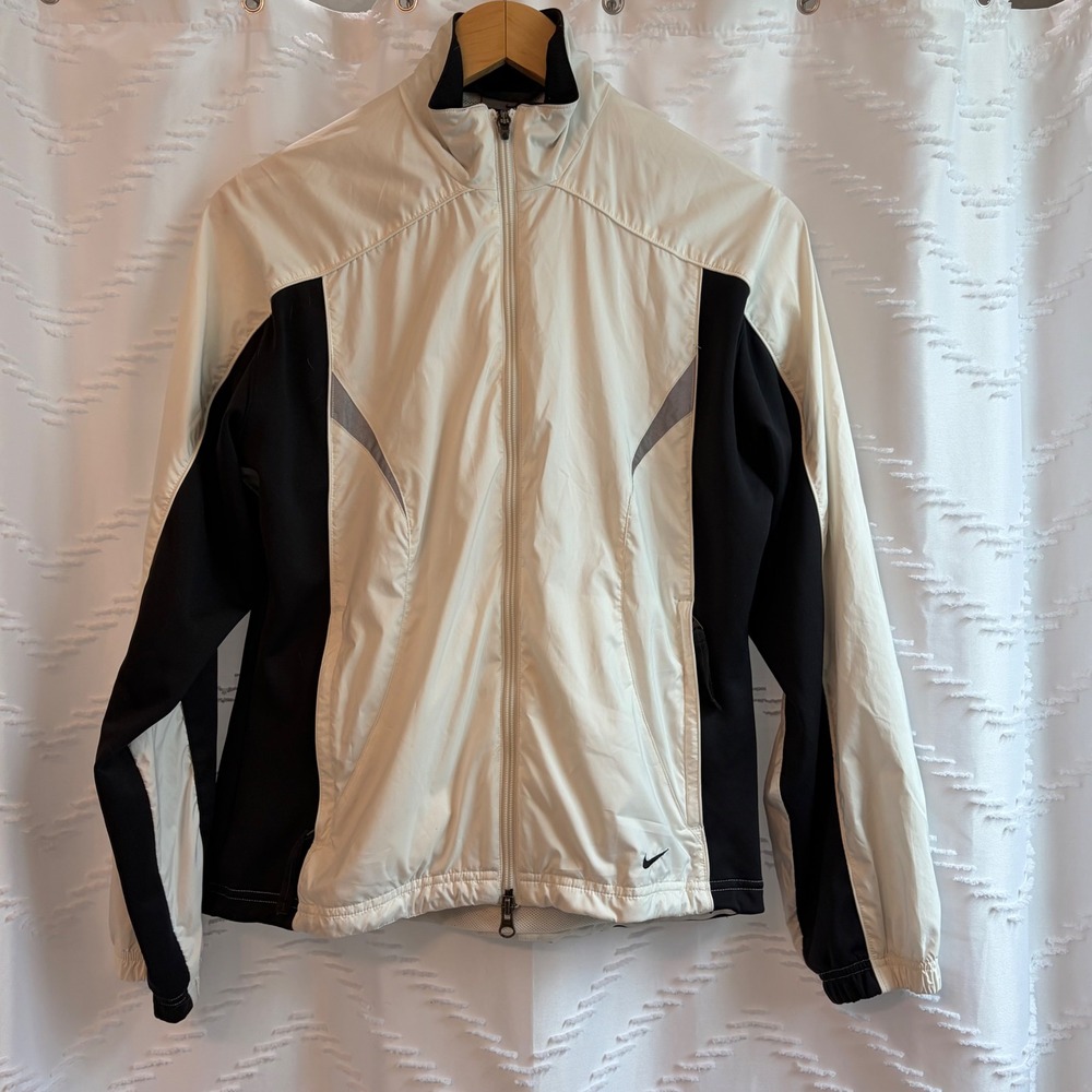 Nike Womens Cream Black Colorblock Full Zip Running Jacket Reflective Small 4-6